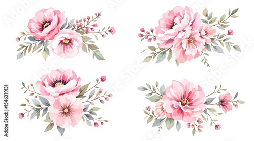Wallpaper Mural Set of pink flowers, Set Bouquet of flowers Watercolor Torontodigital.ca