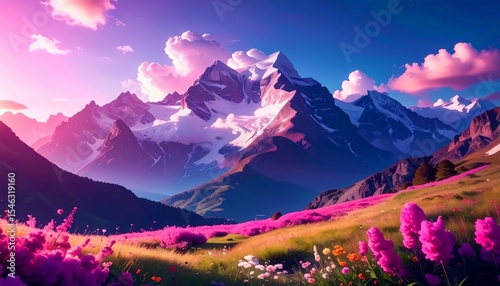 Wide angle view depicts a majestic mountain range viewed from a vibrant green valley at sunrise.