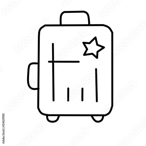Simple line drawing of a suitcase with a handle, wheels, and a star sticker. Represents travel, luggage, and vacation for icons.