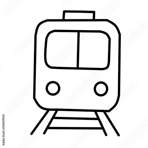 Simple line drawing of the front of a train on its tracks. Represents transportation, travel, and commuting for icons.