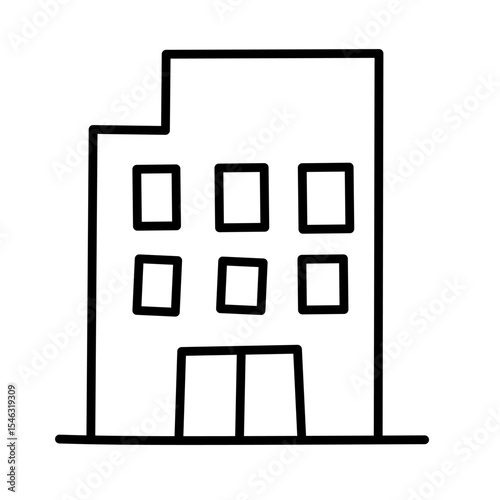 Simple line drawing of a multi-story building with windows and a door. Represents office, business, or urban architecture