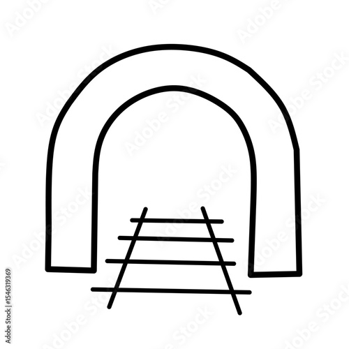 Simple line drawing of a train track entering a tunnel. Represents travel, transportation, and journeys for icons.