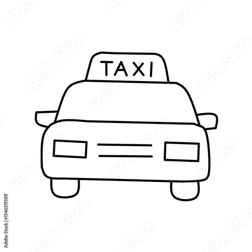 Simple line drawing of a taxi car facing forward with a 'TAXI' sign on top. Represents transportation, city travel, and service