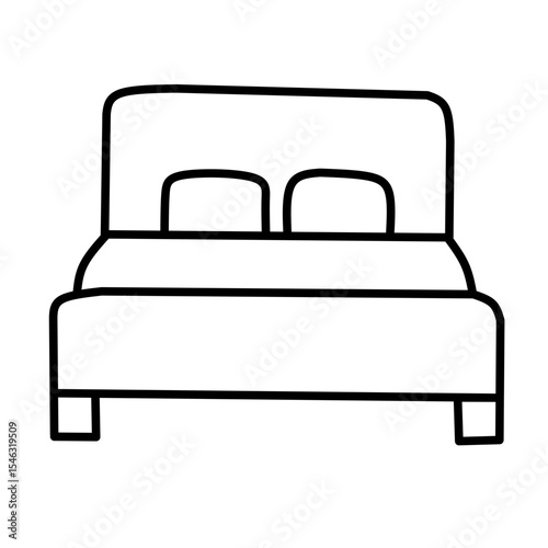 Simple line drawing of a bed with a headboard and two pillows. Represents sleep, relaxation, and accommodation for icons