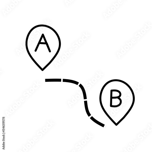 Simple line drawing showing a path from point A to point B, marked with map pins. Represents direction, route, and travel for icons