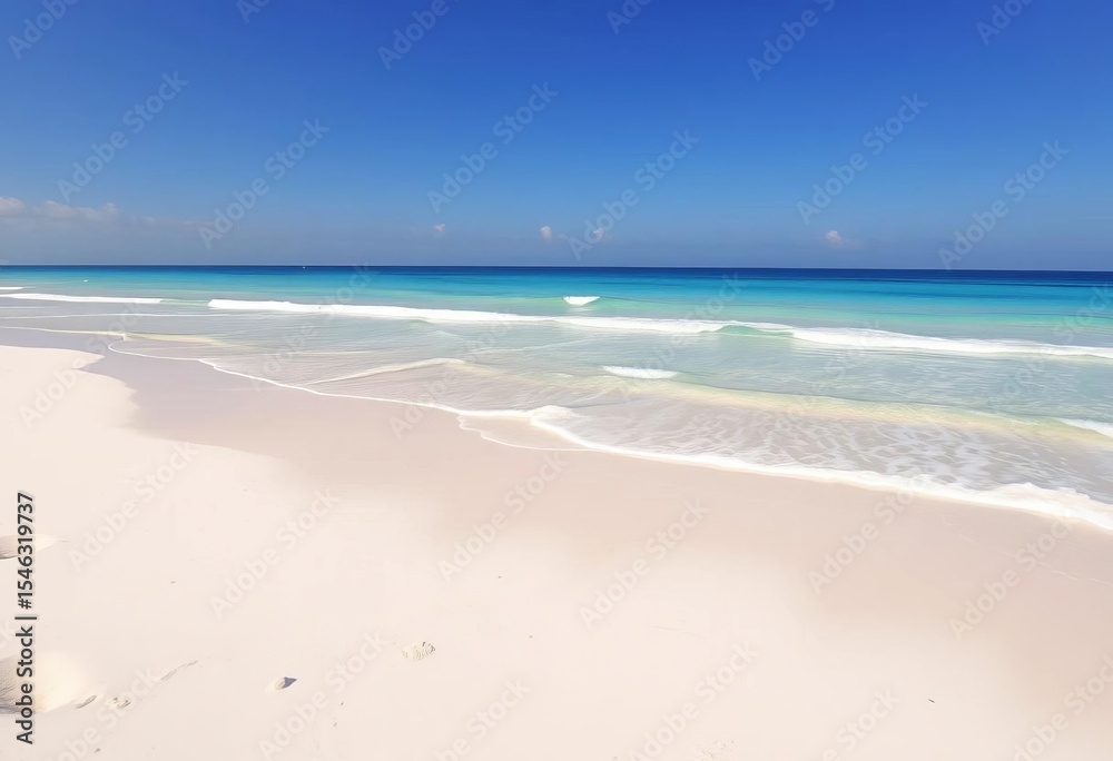 Fototapeta premium Expansive sandy beach with clear blue ocean, ample copy space, vibrant, summer