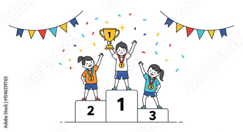 Celebrating Success Young Athletes On The Podium With A Golden Trophy Joyful Moment