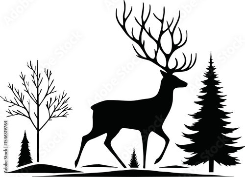 Beautiful silhouettes deer on white background. Winter elements for decor and holiday postcards. Vector illustration