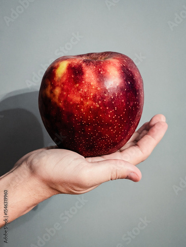 Vertical photo of a male hand holding a large red apple