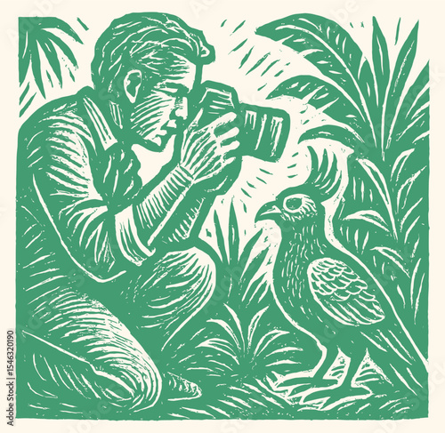 Green-toned woodcut illustration of photographer crouching with camera near jungle bird, vintage brush stroke style, engraving postal stamp design, nature wildlife print art