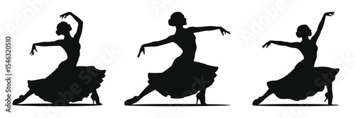 woman in Paso Doble dramatic lunge dance pose, Three dynamic silhouettes of women performing flamenco dance, showcasing fluid movements and expressive poses.
