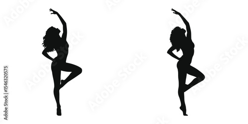 woman in one Hand on waist and one hand upward dance pose, Two dynamic, black silhouette figures of women in graceful dance poses, perfect for showcasing athleticism, elegance, and the human form.