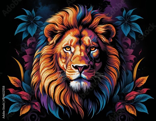 Un majestuoso león con la apariencia real e intimidante de un rey, estampado en un tatuaje de cuerpo entero, con líneas llamativas y colores vibrantes, con un fondo de bosque oscuro y místico