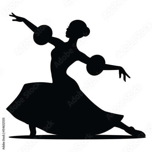woman in Paso Doble dramatic lunge dance pose, A striking black silhouette of a woman performing a dynamic flamenco dance pose.