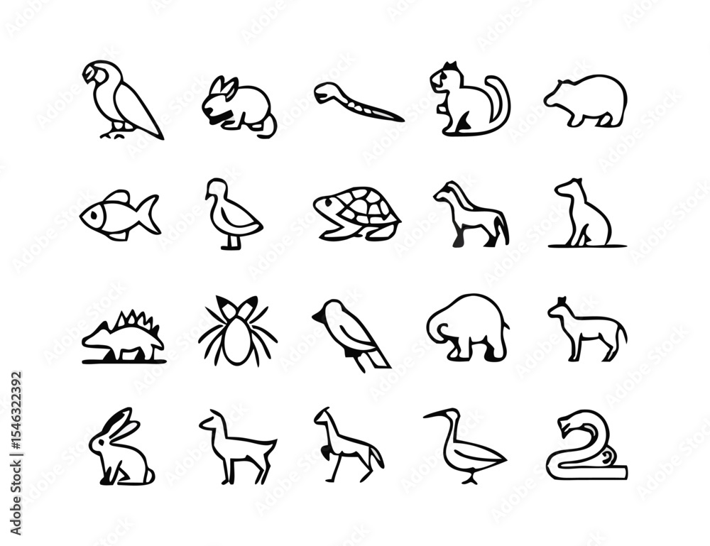 Obraz premium black and white Farm Animal Icon Set – Minimalist Line Art Illustrations of Domestic Livestock and Poultry for Agriculture, Education, and Graphic Design Projects.
