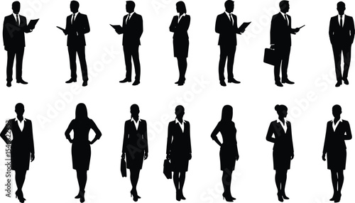 Business people silhouette vector illustration, professional men and women standing, office teamwork, formal dress, corporate concept, leadership, diversity