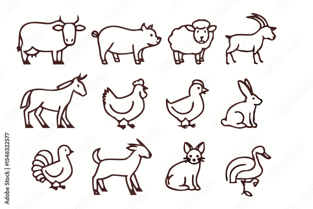 Fototapeta premium black and white Farm Animal Icon Set – Minimalist Line Art Illustrations of Domestic Livestock and Poultry for Agriculture, Education, and Graphic Design Projects.