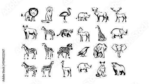 black and white Farm Animal Icon Set – Minimalist Line Art Illustrations of Domestic Livestock and Poultry for Agriculture, Education, and Graphic Design Projects.