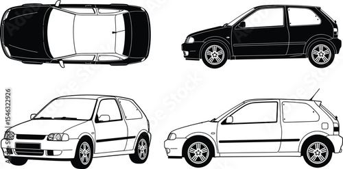 Hatchback car vector illustration pack, black and white compact vehicle design, top side front views, urban car silhouette bundle, automotive graphic clipart set for designers
