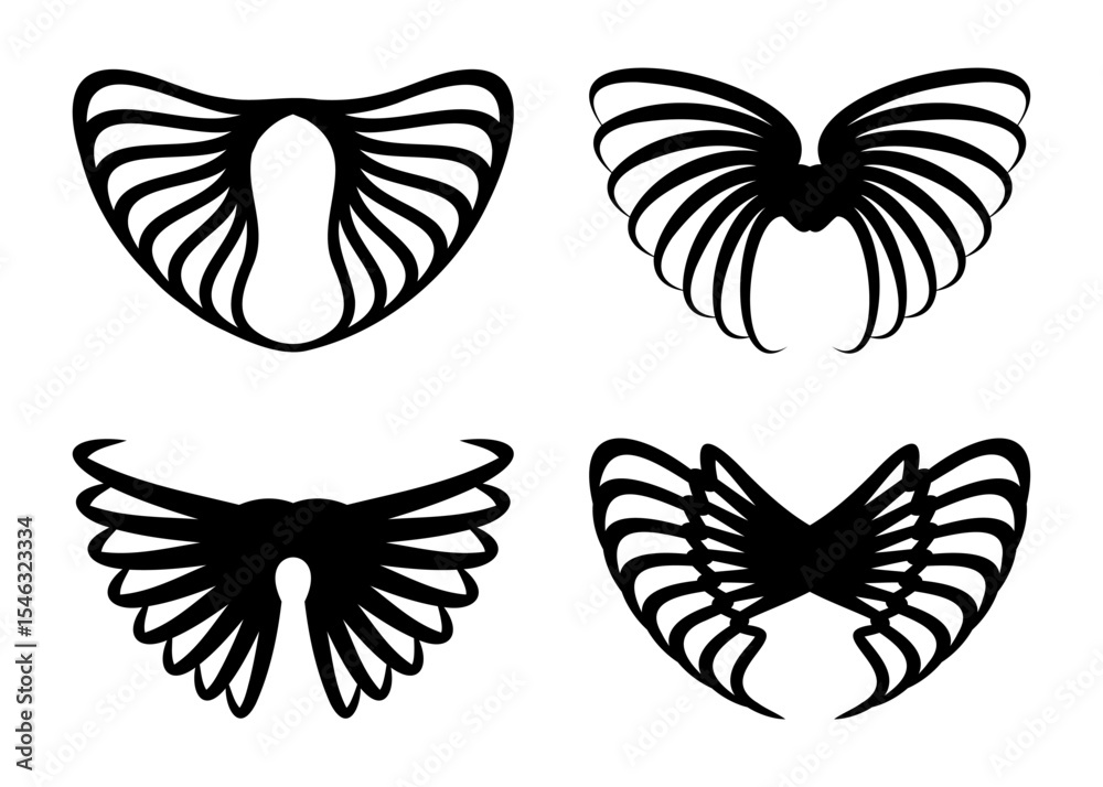 Obraz premium Four abstract black and white graphic designs featuring stylized wing or fan shapes with curved lines and negative space