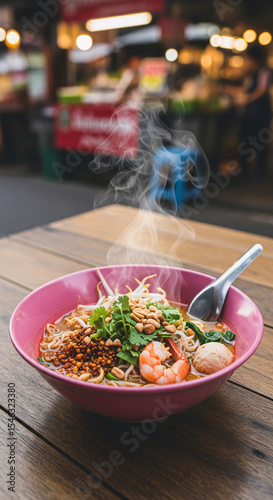 A bowl of thai noodles on a wooden table.