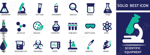  Scientific Equipment Icon Set Lab Tools, Microscope, Test Tube, Research, Chemistry Icons.