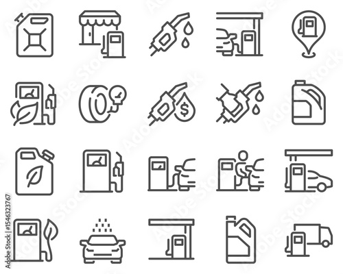 Simple Set of Gas Station Related Vector Line Icons. Contains such Icons as Carwash, Self-service filling, Fuel Pump and more.