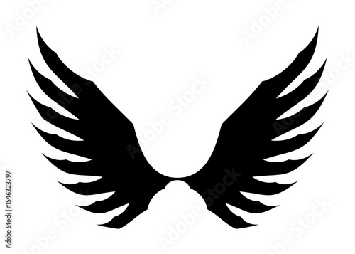 Stylized black angel wings silhouette with sharp pointed feather tips isolated on a clean white background for graphic design