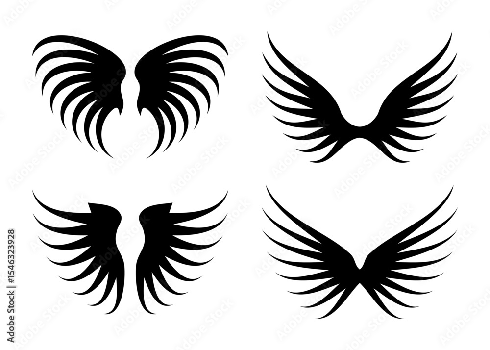 Obraz premium A collection of four stylized black wing silhouettes isolated on a white background for graphic design elements