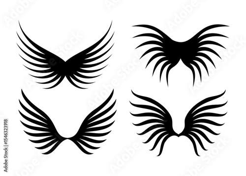 Collection of four black stylized wing silhouettes on a white background representing freedom and aspiration