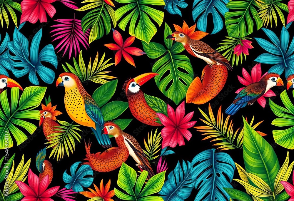Obraz premium Seamless tropical animal pattern; graphic vector design, vibrant colors, animals, jaguar