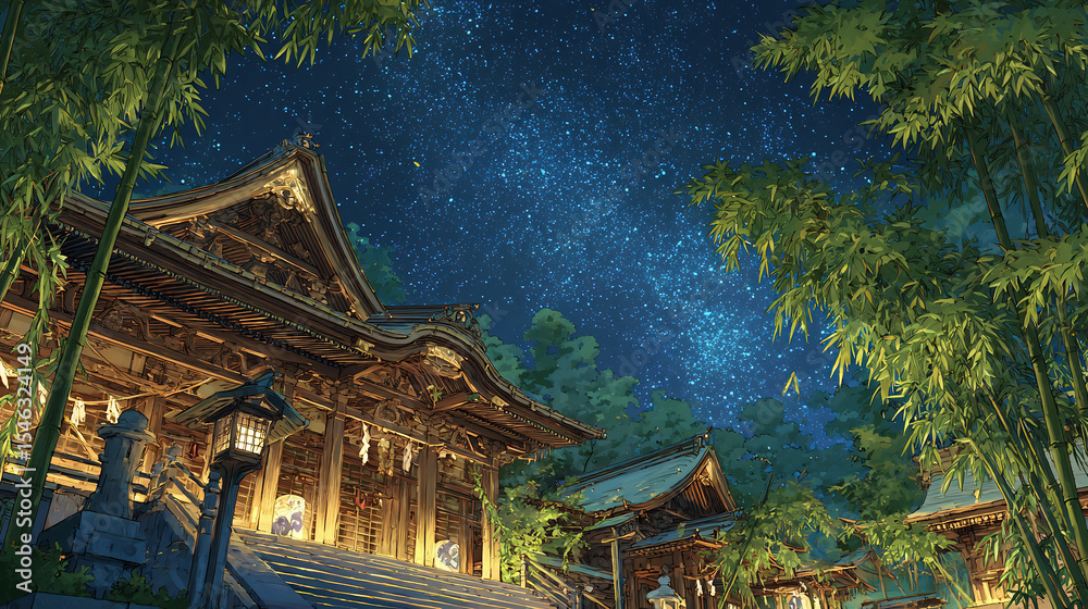 Obraz premium 竹林に佇む星夜の神社