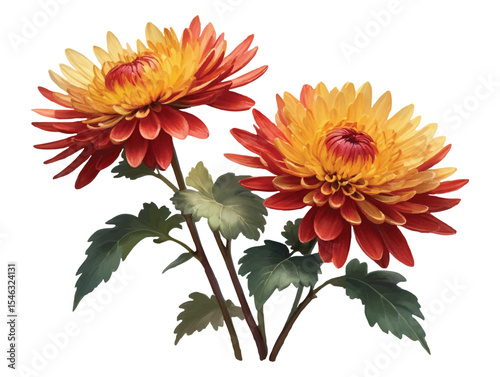 Red and yellow chrysanthemums radiate warmth and vibrant beauty in watercolor style convert to vector