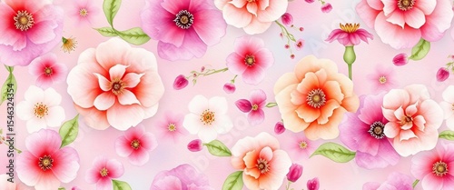 Seamless watercolor floral pattern, soft hues, delicate blooms, textured fabric effect,  art,  botanical