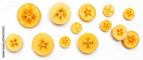 Several banana slices, varying sizes and shapes, cleanly cut out against a bright white background,   close-up,   raw