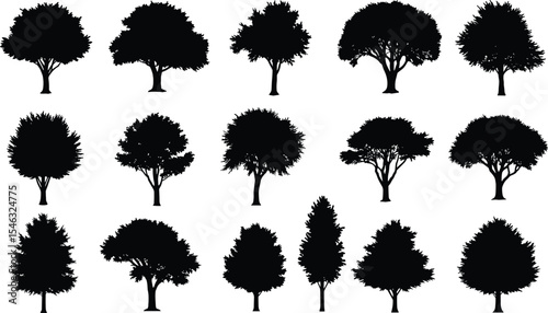 Silhouette tree collection, black tree vector set, forest illustration pack, nature shape design, botanical graphic element, isolated deciduous trees, natural outdoor scene clipart template