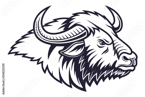 Monochrome bison head shows aggressive expression with sharp outlines and distinctive horns facing left