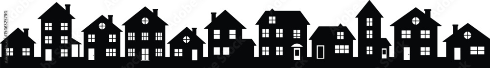 Silhouette of residential houses, urban neighborhood skyline, black city buildings, modern home design, real estate row, town illustration for architecture, property, and city planning projects Silhouette of residential houses, urban neighborhood skyline, black city buildings, modern home design, real estate row, town illustration for architecture, property, and city planning projects