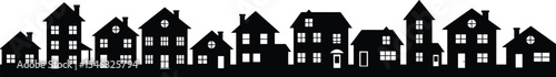 Silhouette of residential houses, urban neighborhood skyline, black city buildings, modern home design, real estate row, town illustration for architecture, property, and city planning projects