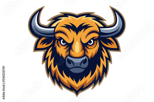 A cartoon buffalo head features imposing horns and intense eyes, showcasing formidable wildlife
