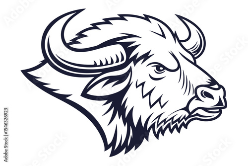 Monochrome buffalo head shows powerful horns and sharp lines defining its profile well