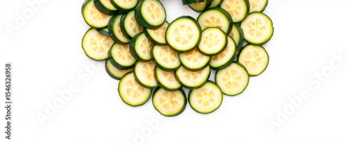Thinly sliced zucchini arranged in a circular pattern on a pristine white background,  overhead,  raw