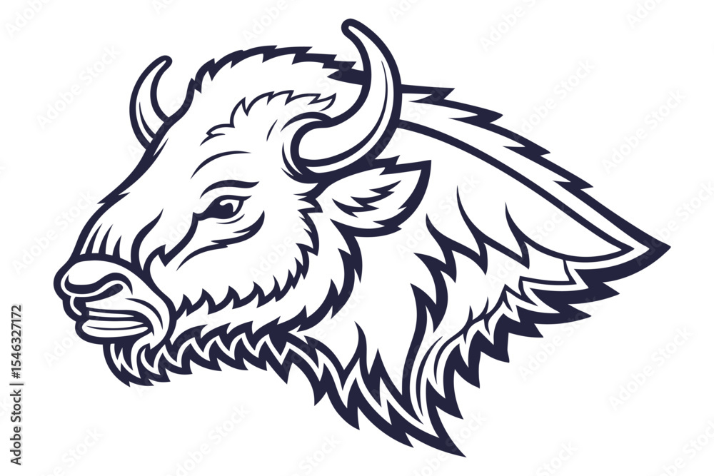 Fototapeta premium Bison head with detailed dark blue outline shows side profile on white backdrop