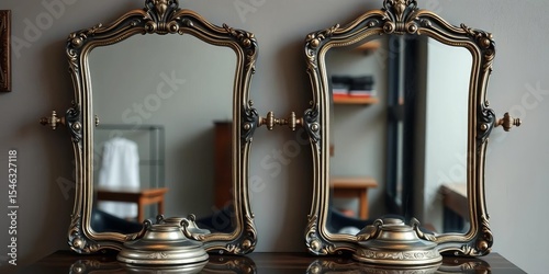 Two antique silver-framed glass barber shop mirrors, different styles,  classic,  grooming