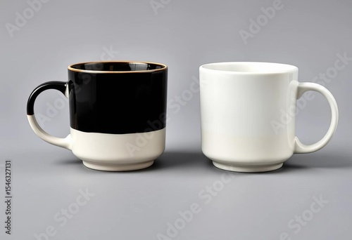 Two ceramic mugs, one black, one white, isolated on a grey background,  tea,  background