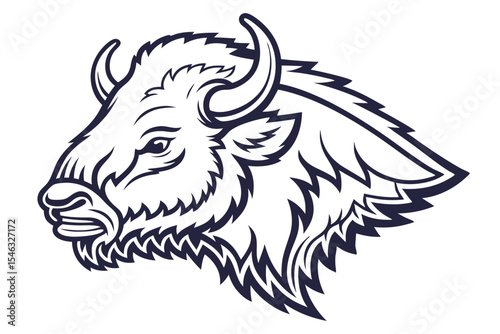 Bison head with detailed dark blue outline shows side profile on white backdrop
