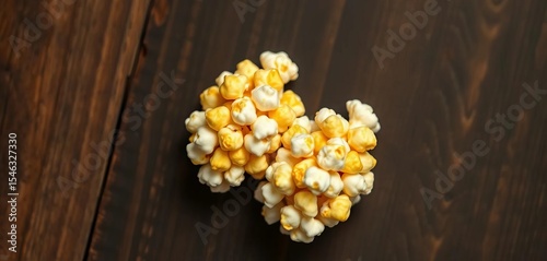 Two popcorn kernels forming a comical couple on dark wood,  together, popcorn couple