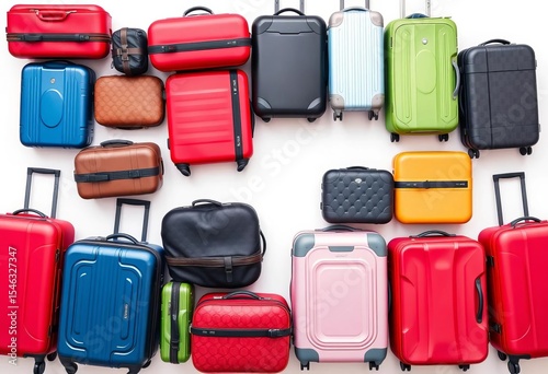 Variety of suitcases, different sizes and colors, on white background,  holiday,  trip