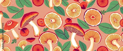 Vector seamless pattern featuring halved mushrooms & leaves, creating a repeating design,  repeating, seamless