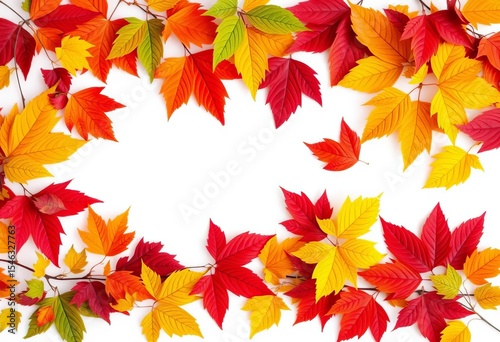 Vibrant autumn leaves frame, isolated on white,  texture,  border